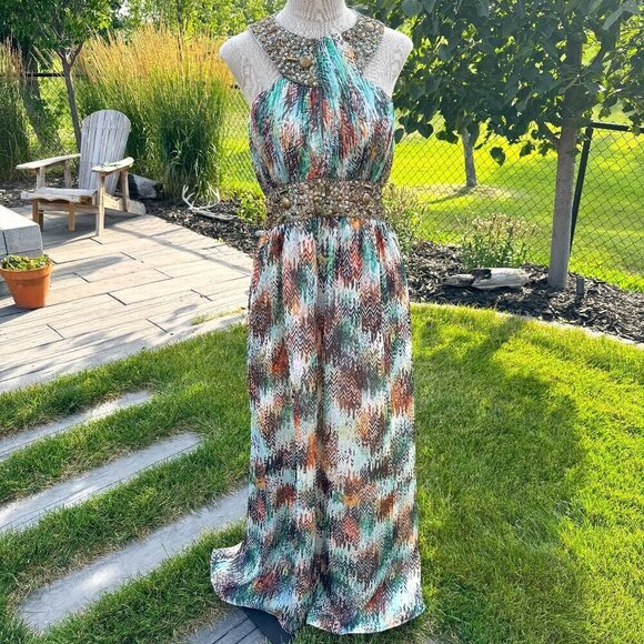 Opulence England Beaded Sequin Sleeveless Gown Cutout Halter Maxi Dress - Picture 1 of 16